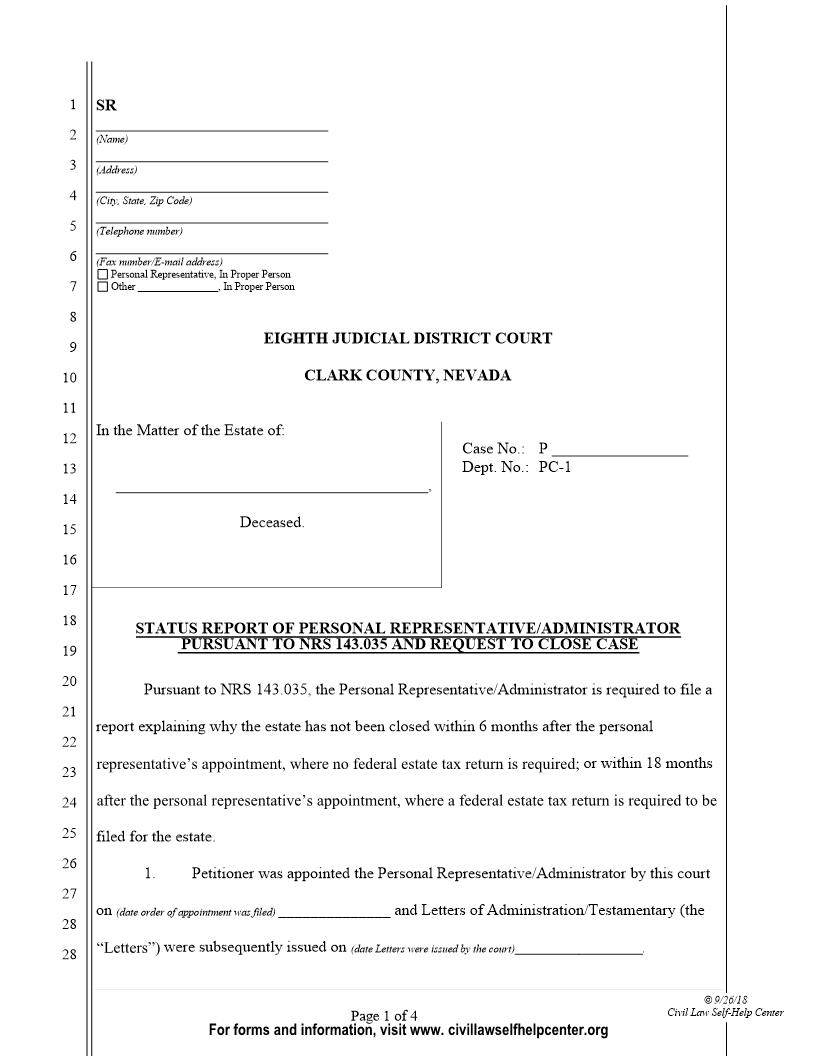 Status Report Of Personal Representative And Request To Close Case | Pdf Fpdf Docx | Nevada