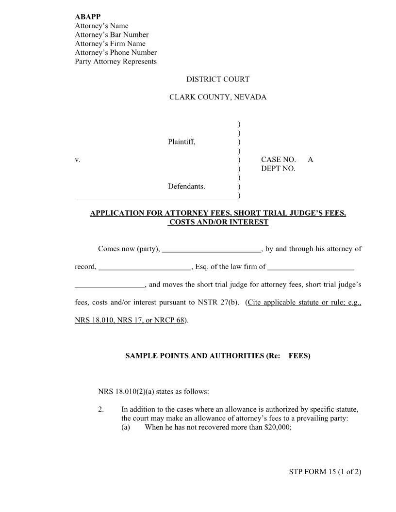 Application For Attorneys Fees, Presiding Judges Fees, Costs And Or Interest {15} | Pdf Fpdf Docx | Nevada