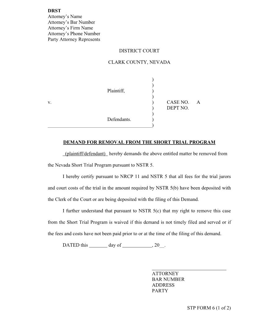 Demand For Removal From The Short Trial Program  {6} | Pdf Fpdf Docx | Nevada
