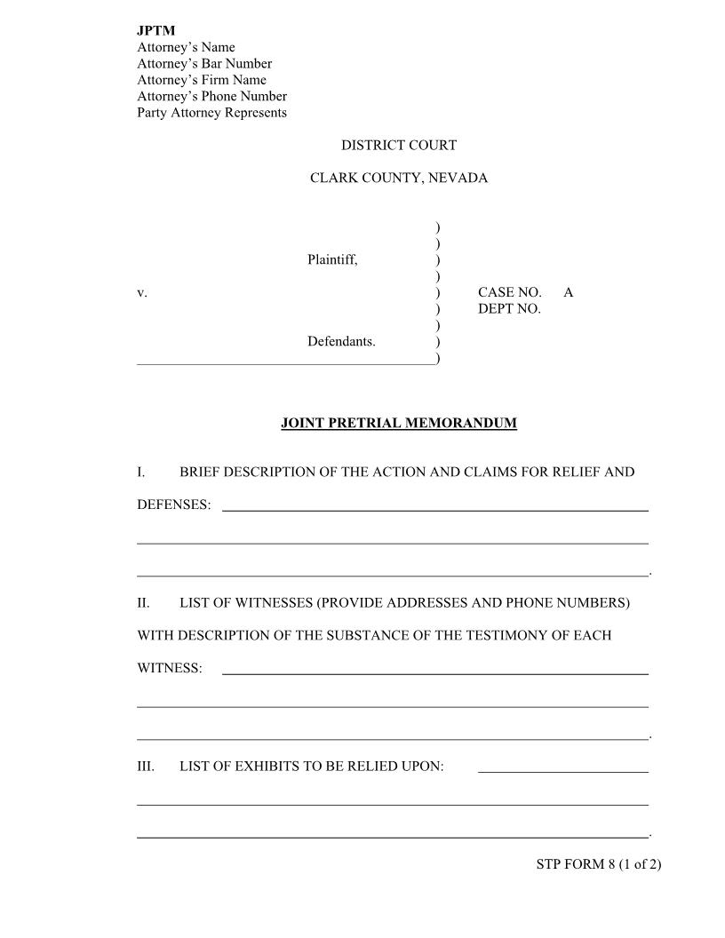 Joint Pretrail Memorandum {8} | Pdf Fpdf Docx | Nevada