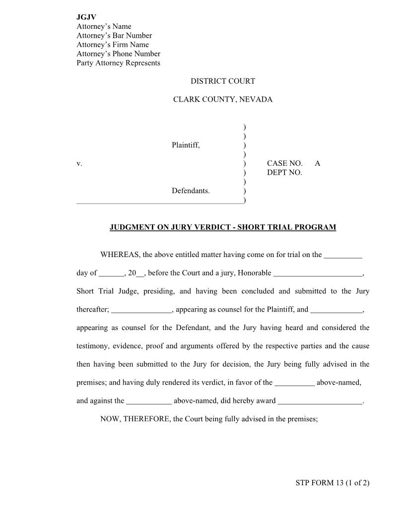 Judgment On Jury Verdict - Short Trial Program {13} | Pdf Fpdf Docx | Nevada