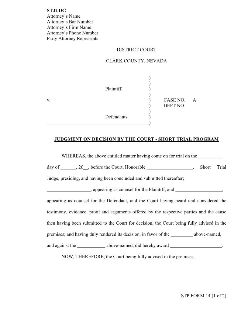 Judgment On decision By The Court Short Trial Program {14} | Pdf Fpdf Doc Docx | Nevada