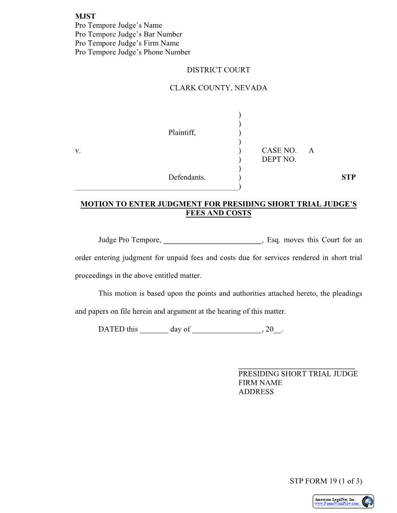 Motion To Enter Judgment For Presiding Short Trial Judges Fees And Costs {19} | Pdf Fpdf Docx | Nevada