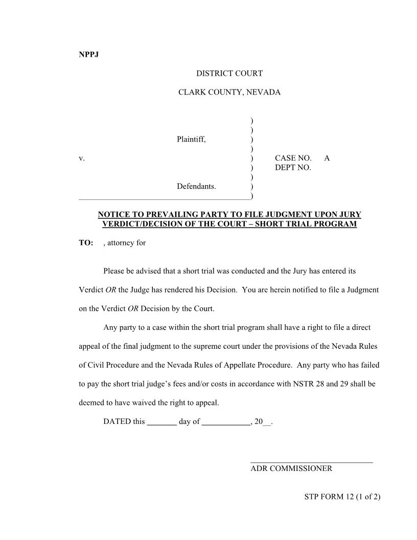 Notice To Prevailing Party To File Judgment Upon Jury Verdict {12} | Pdf Fpdf Docx | Nevada