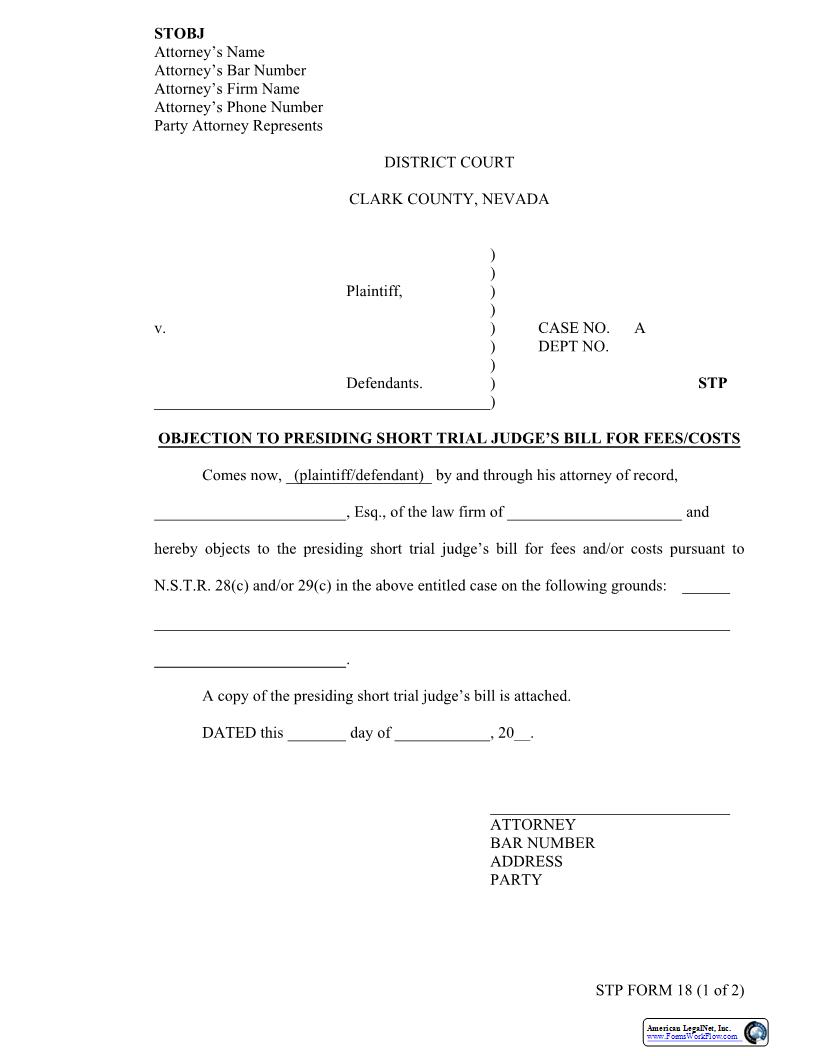 Objection To Presiding Short Trial Judges Bill For Fees Costs {18} | Pdf Fpdf Docx | Nevada
