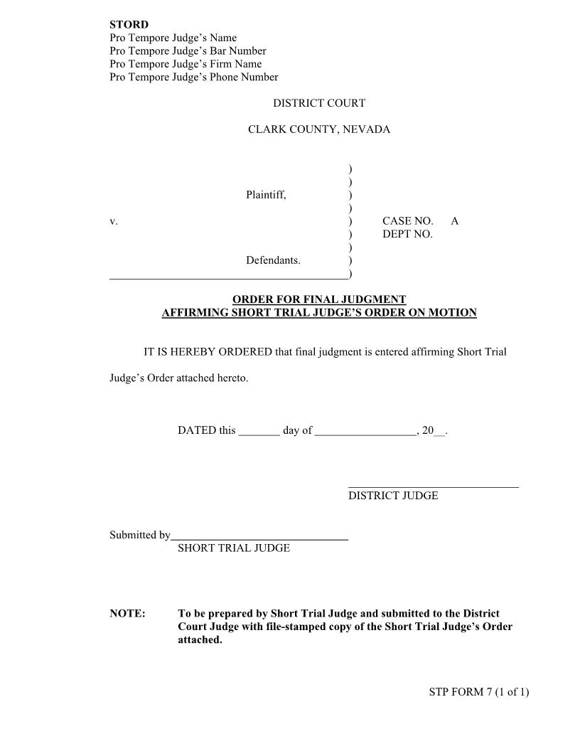 Order For Final Judgment Affirming Short Trial Pro Tempore Judges Order On Motion {7} | Pdf Fpdf Docx | Nevada