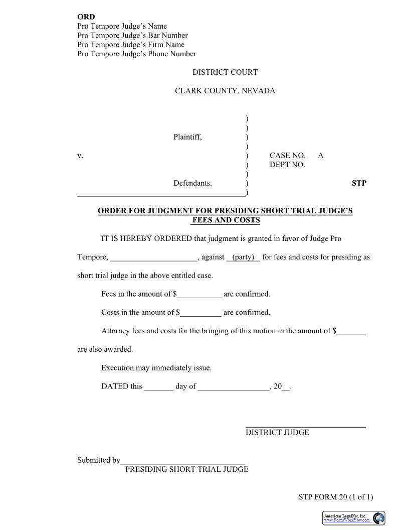 Order For Judgement For Presiding Short Trail Judges Fees And Costs {20} | Pdf Fpdf Docx | Nevada