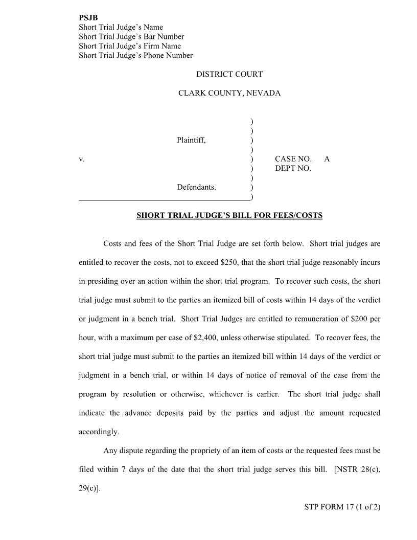 Presiding Short Trail Judges Bill For Costs {17} | Pdf Fpdf Docx | Nevada