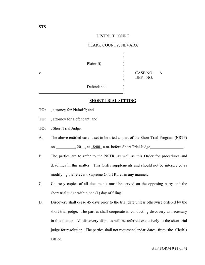 Short Trial Setting {9} | Pdf Fpdf Docx | Nevada