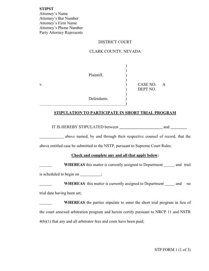 Stipulation To Participate In Short Trial Program {1} | Pdf Fpdf Docx | Nevada