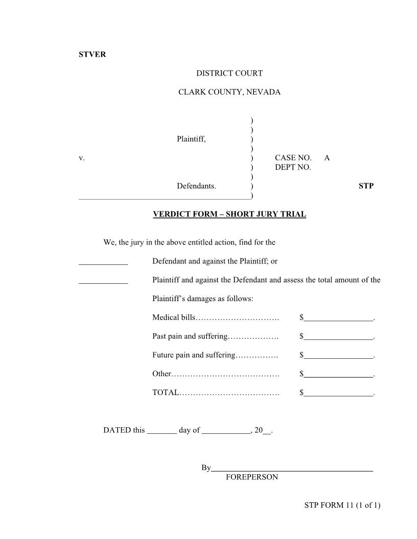 Verdict Form Short Jury Trial {11} | Pdf Fpdf Docx | Nevada