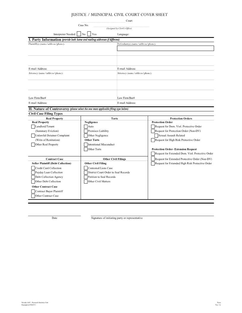 Civil Cover Sheet  | Pdf Fpdf Doc Docx | Nevada