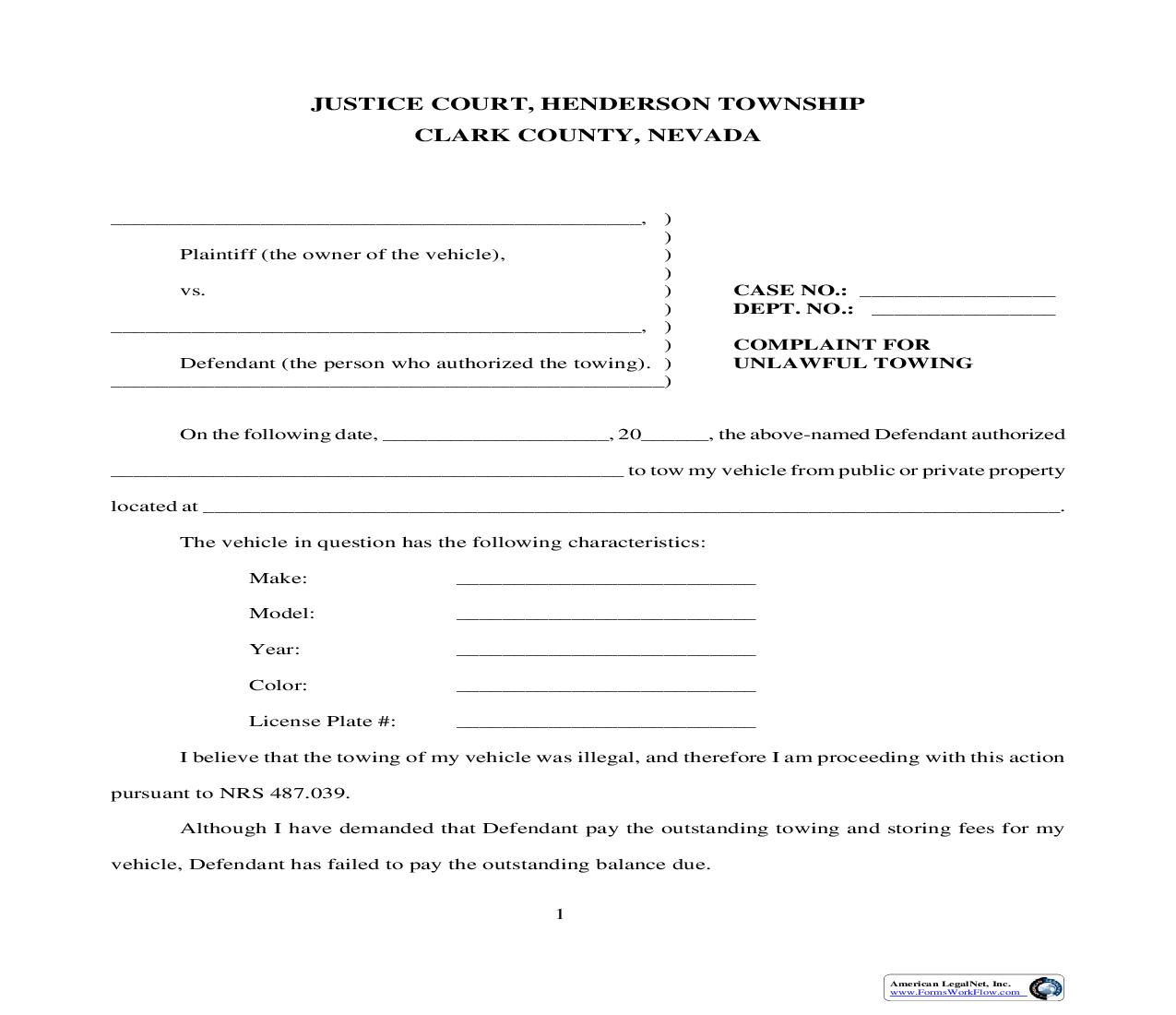 Complaint For Unlawful Towing | Pdf Fpdf Doc Docx | Nevada
