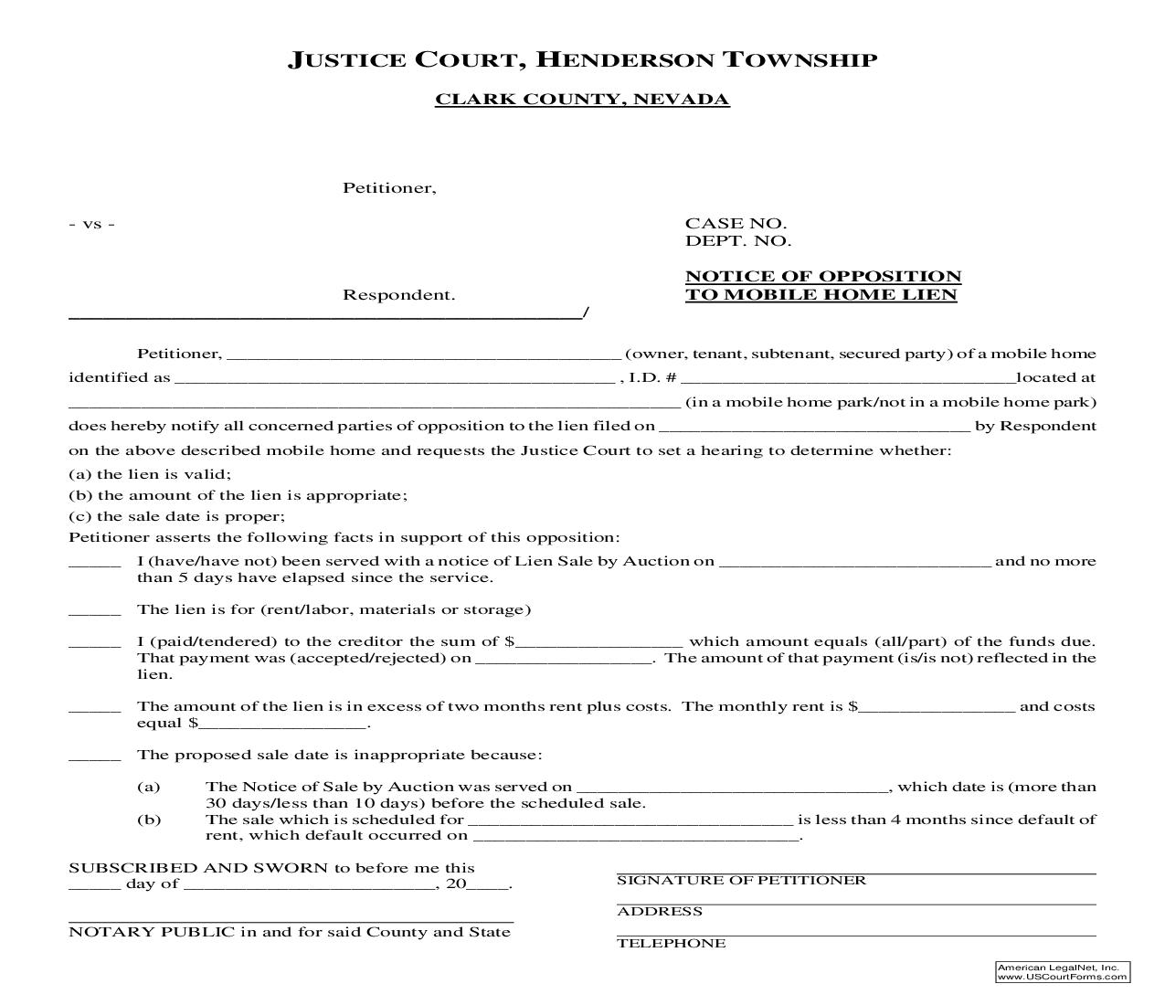 Notice Of Opposition To Mobile Home Lien | Pdf Fpdf Doc Docx | Nevada