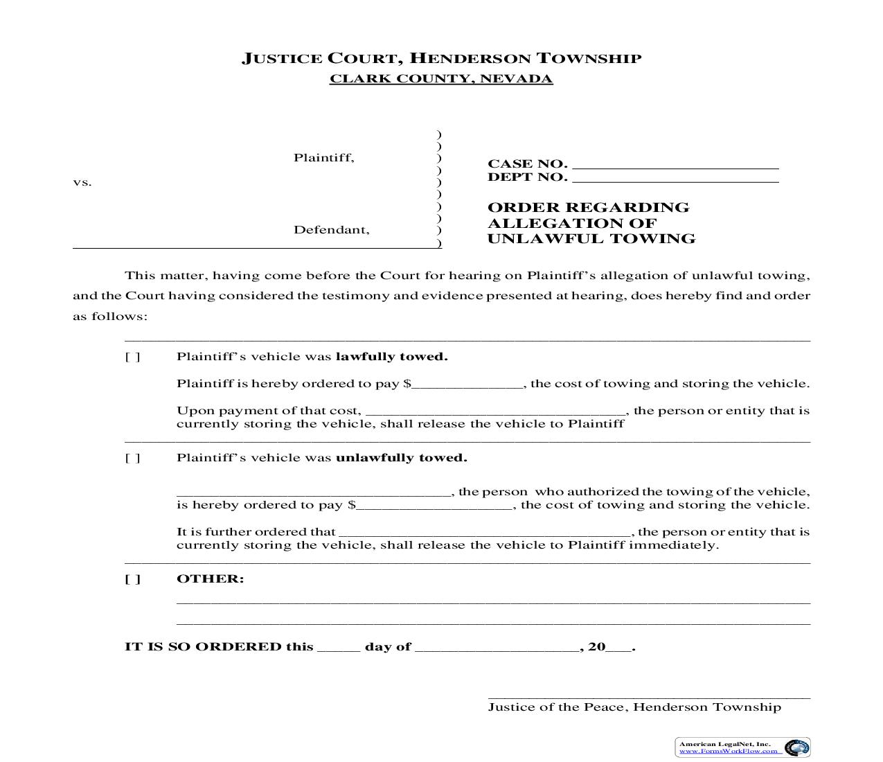 Order Regarding Allegation Of Unlawful Towing | Pdf Fpdf Doc Docx | Nevada