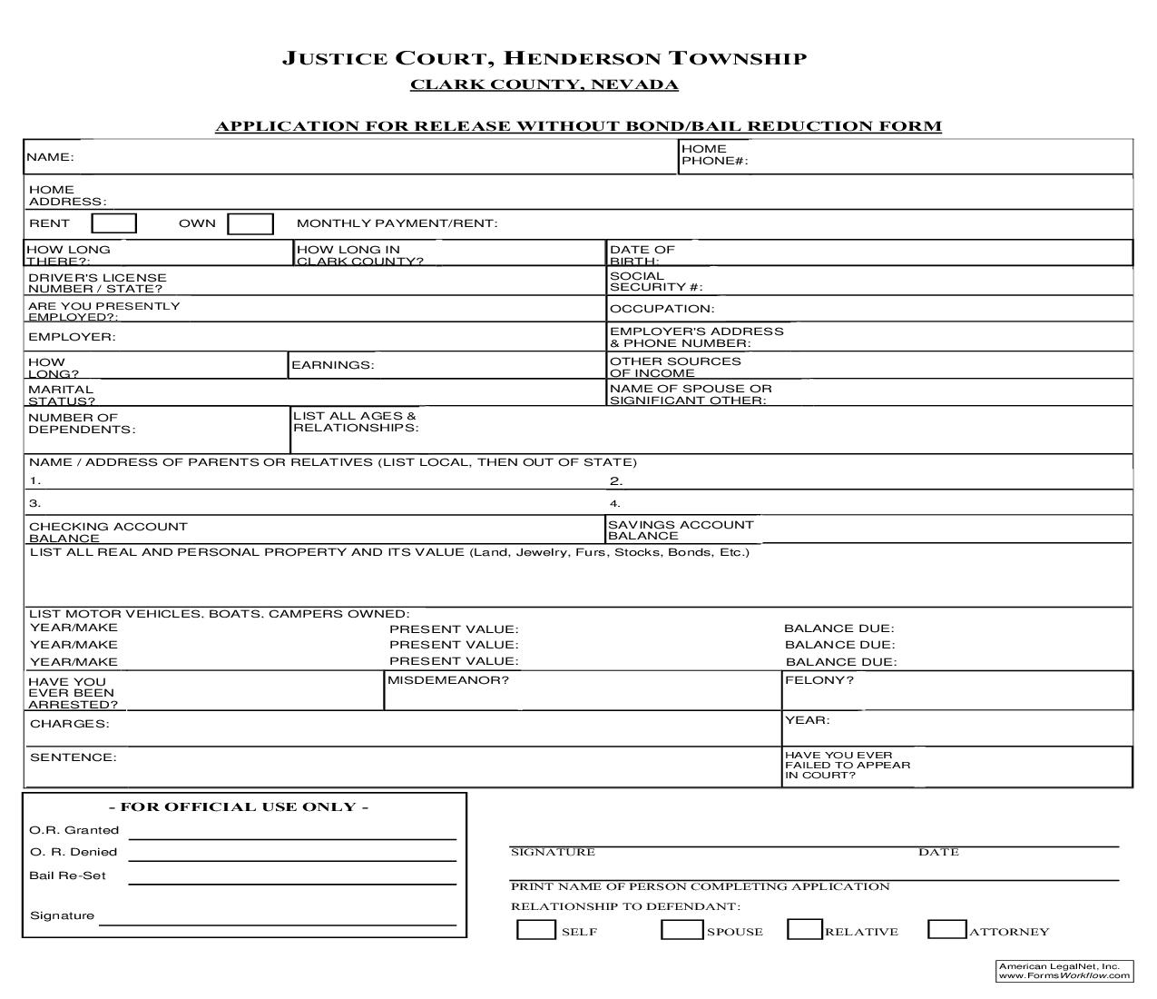 Application For Release Without Bond Bail Reduction Form | Pdf Fpdf Doc Docx | Nevada