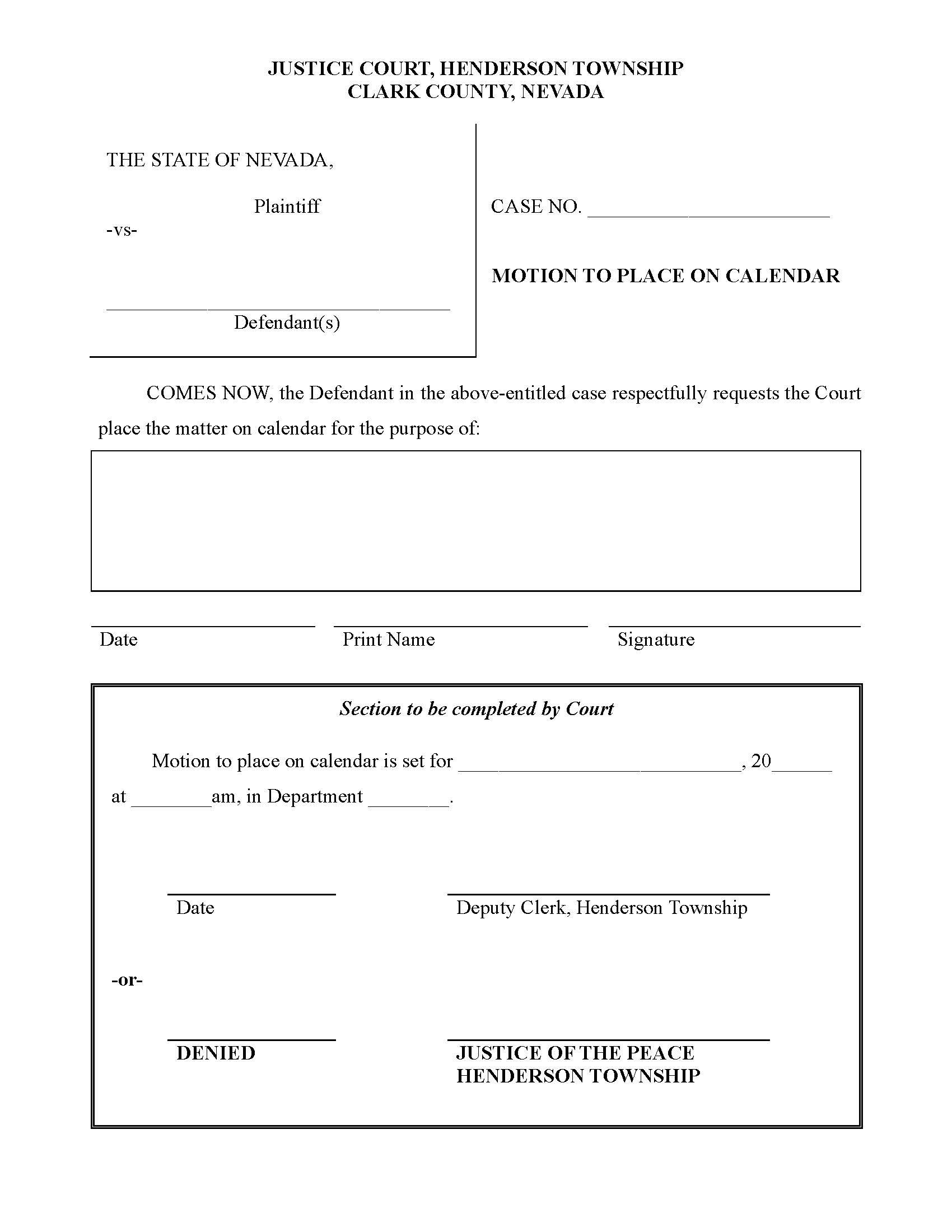 Motion To Place On Calendar (Criminal) | Pdf Fpdf Docx | Nevada