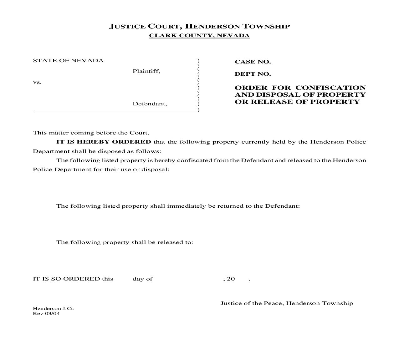 Order For Confication And Disposal Of Property Or Release Of Property | Pdf Fpdf Doc Docx | Nevada