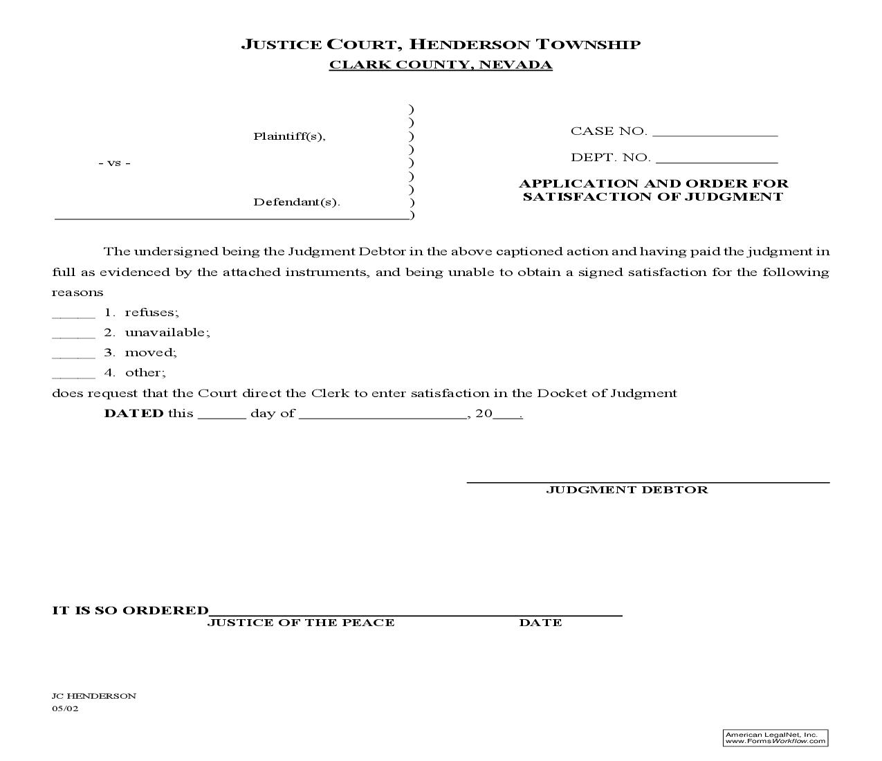Application And Order For Satisfaction Of Judgment | Pdf Fpdf Doc Docx | Nevada