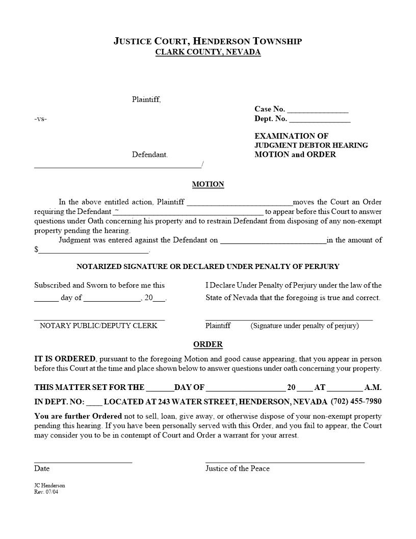 Examination Of Judgment Debtor Hearing Motion And Order | Pdf Fpdf Doc Docx | Nevada