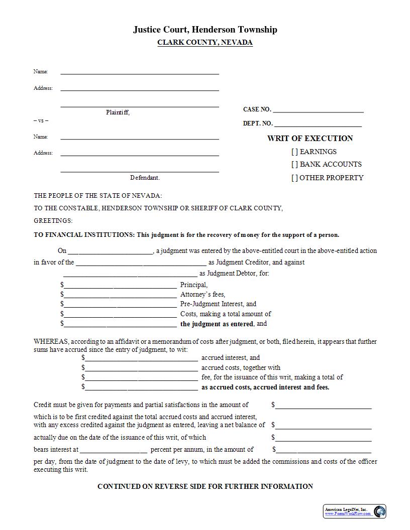 Writ Of Execution | Pdf Fpdf Docx | Nevada
