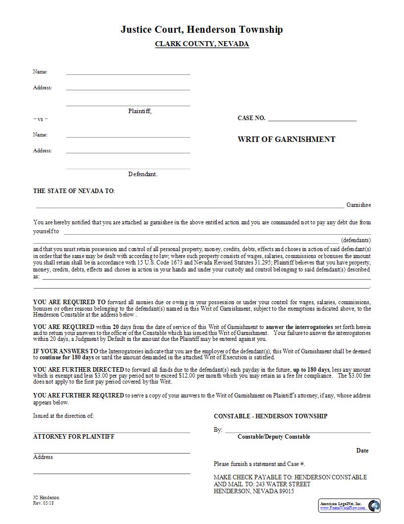 Writ Of Garnishment | Pdf Fpdf Doc Docx | Nevada