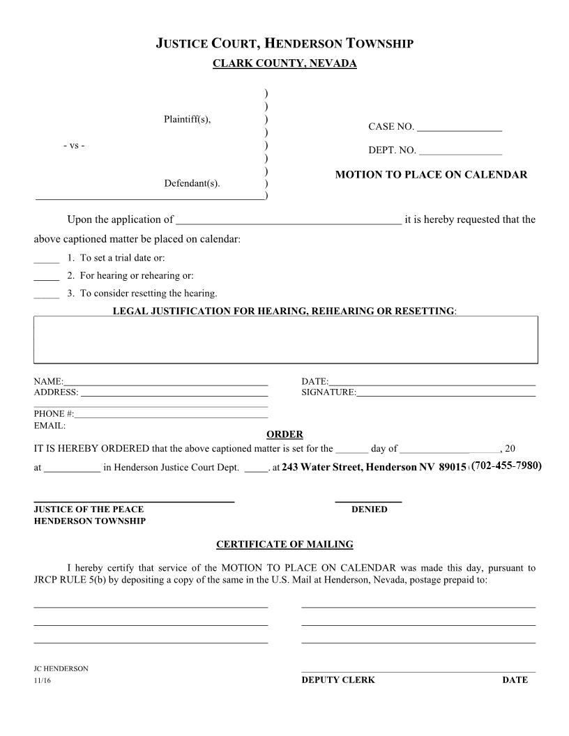 Motion To Place On Calendar | Pdf Fpdf Docx | Nevada