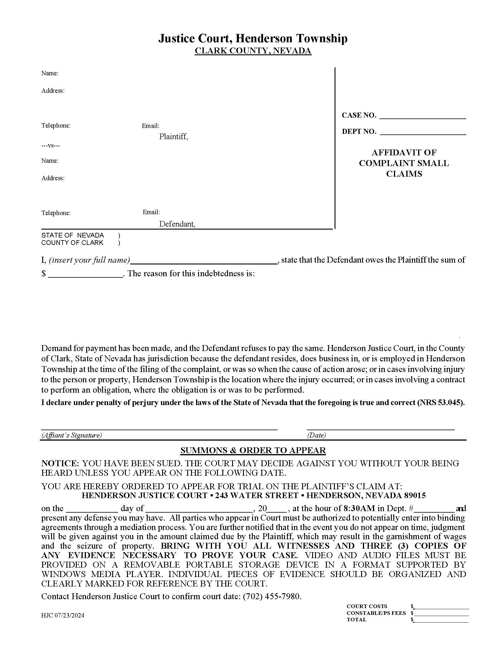 Affidavit Of Complaint Small Claims | Pdf Fpdf Docx | Nevada