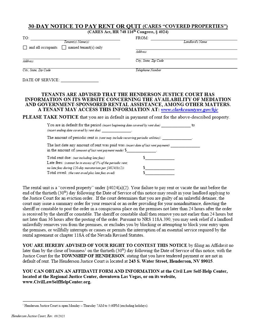 30 Day Notice To Pay Rent Or Quit (CARES Act) | Pdf Fpdf Docx | Nevada