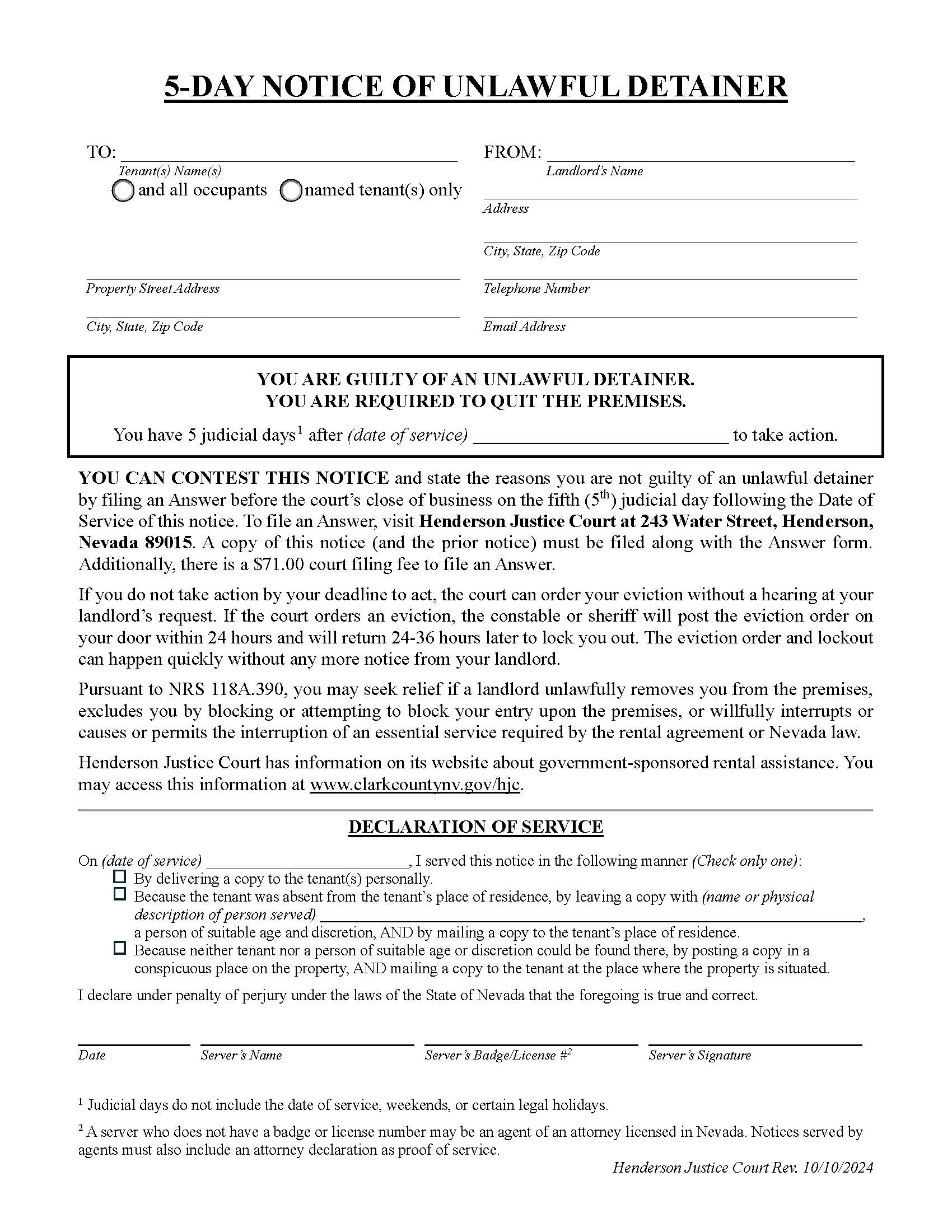 Five Day Unlawful Detainer Notice | Pdf Fpdf Docx | Nevada