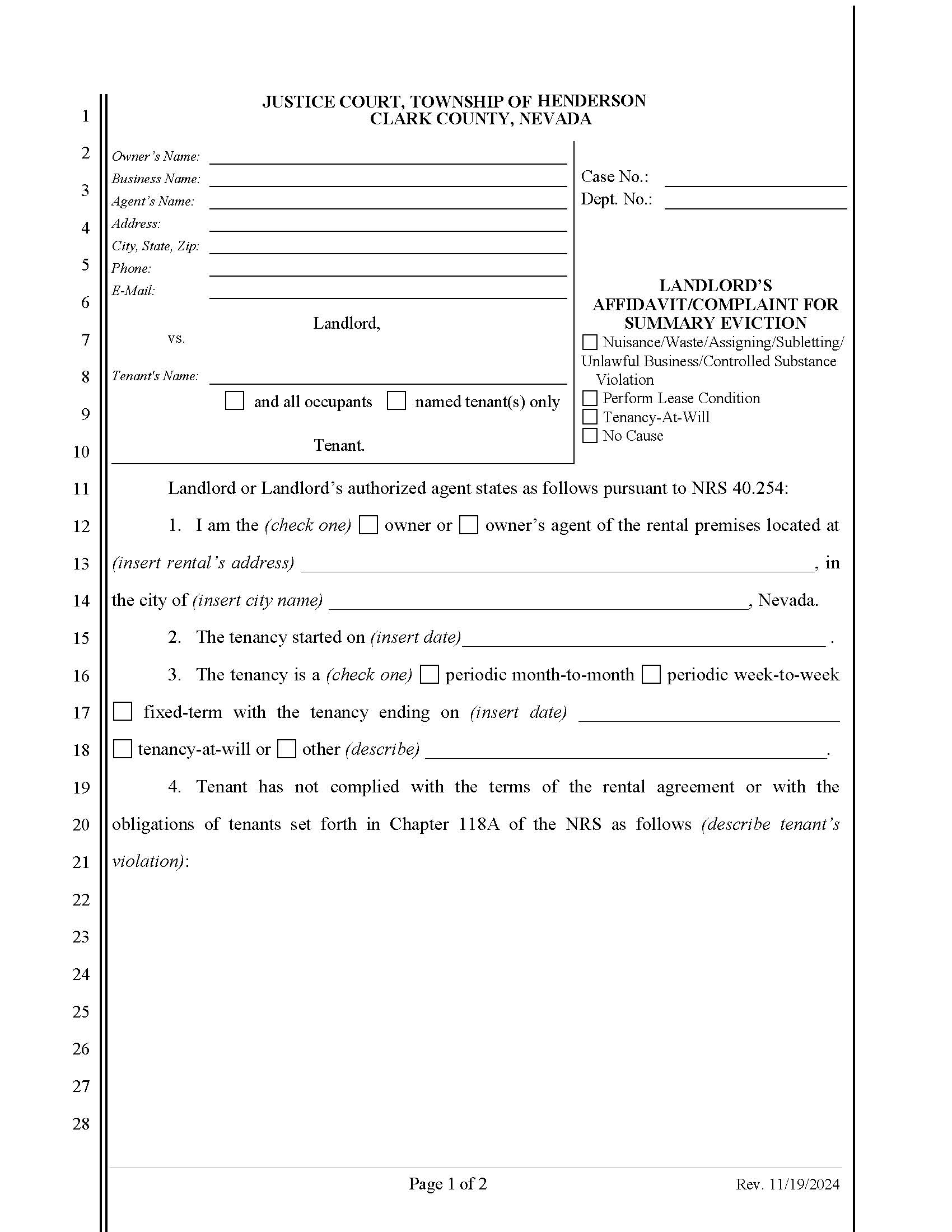 Landlords Affidavit Complaint For Summary Eviction | Pdf Fpdf Doc Docx | Nevada