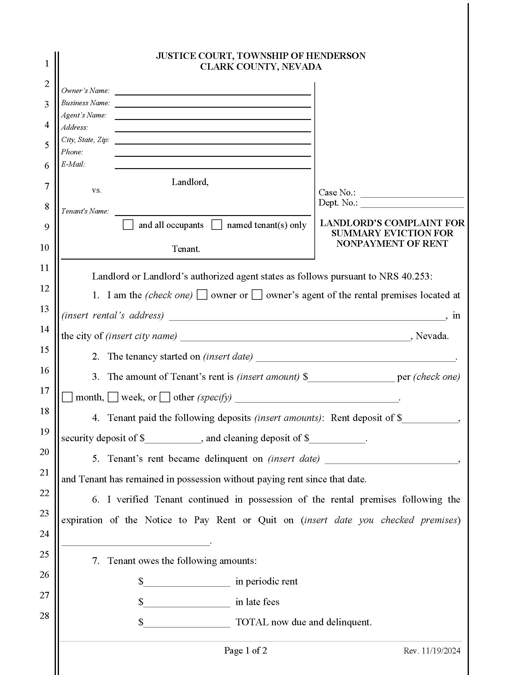 Landlords Complaint For Summary Eviction For Nonpayment Of Rent | Pdf Fpdf Doc Docx | Nevada