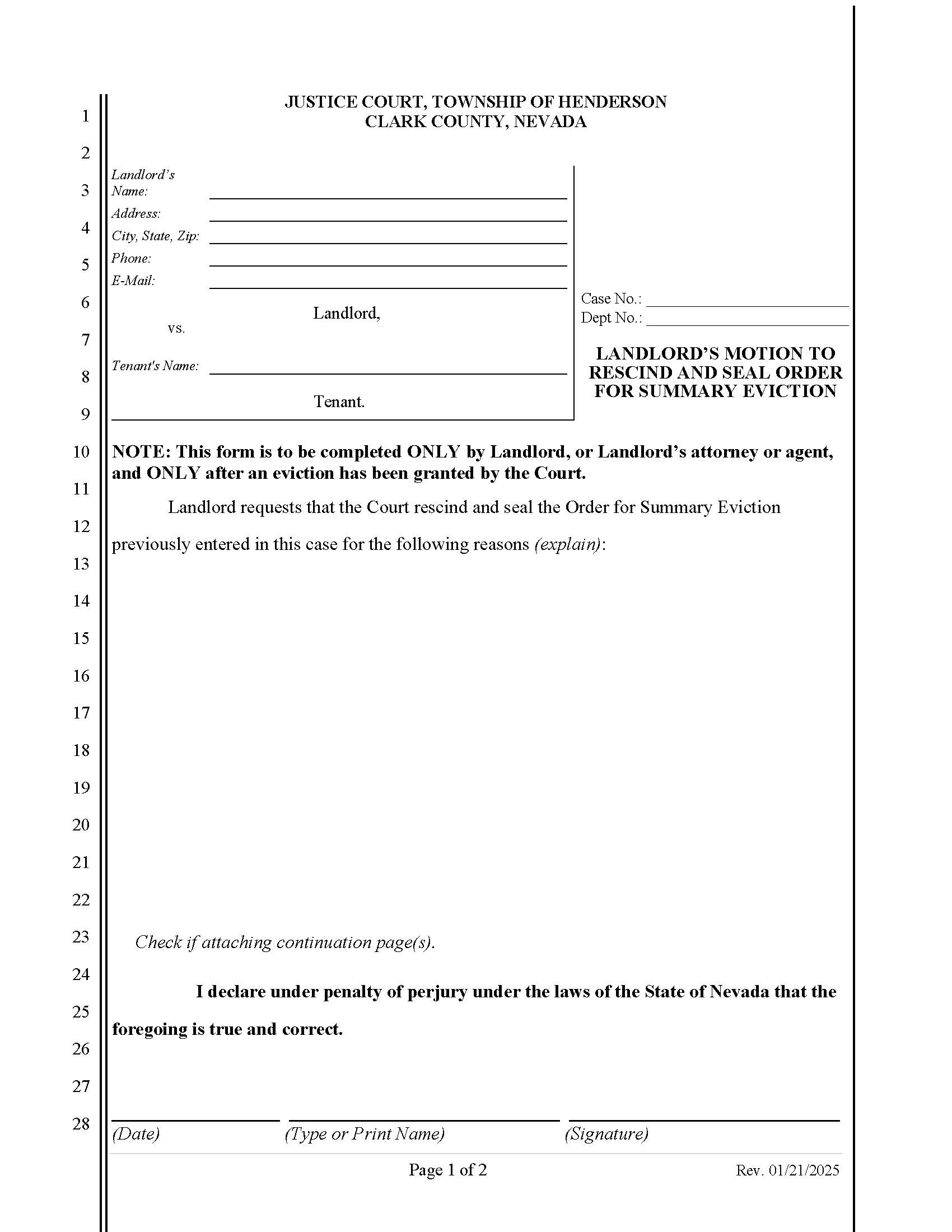 Landlords Motion To Rescind And Seal Order For Summary Eviction | Pdf Fpdf Docx | Nevada