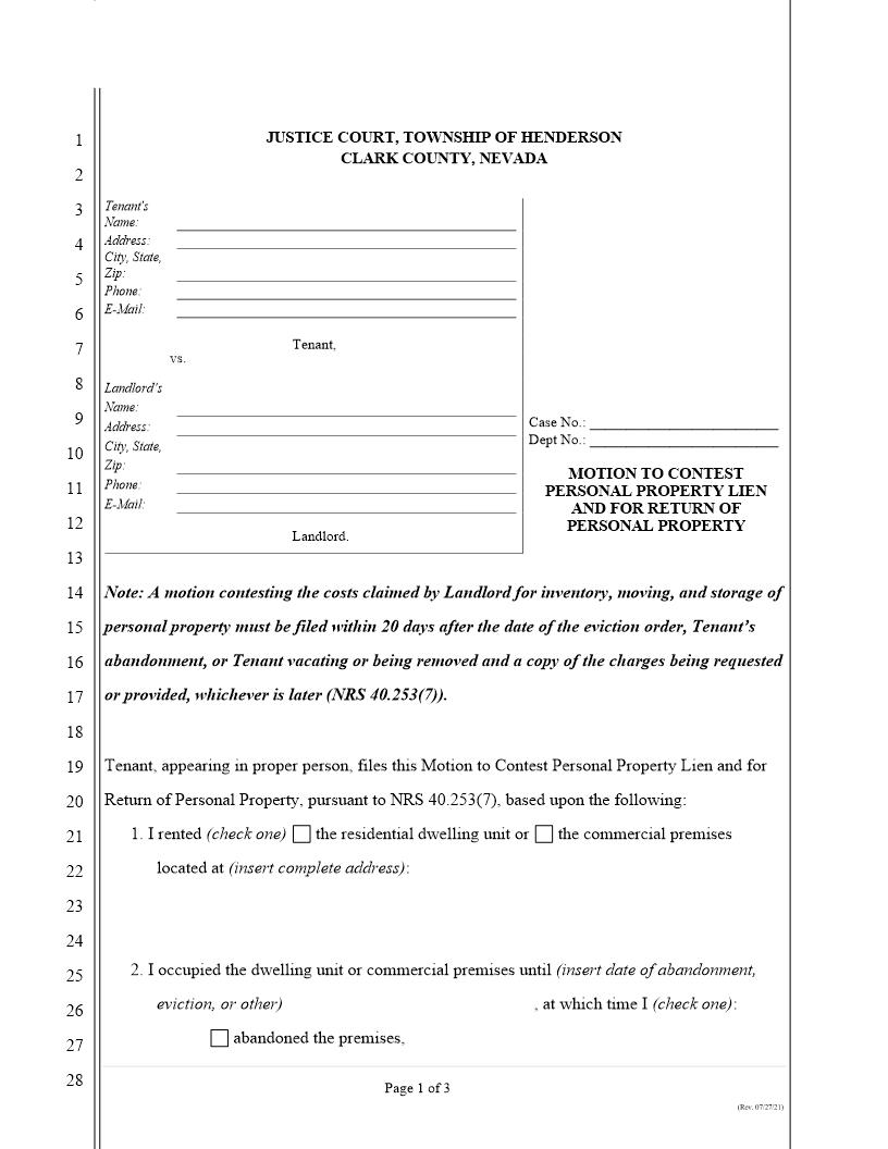Motion To Contest Personal Property Lien And For Return Of Personal Property | Pdf Fpdf Docx | Nevada