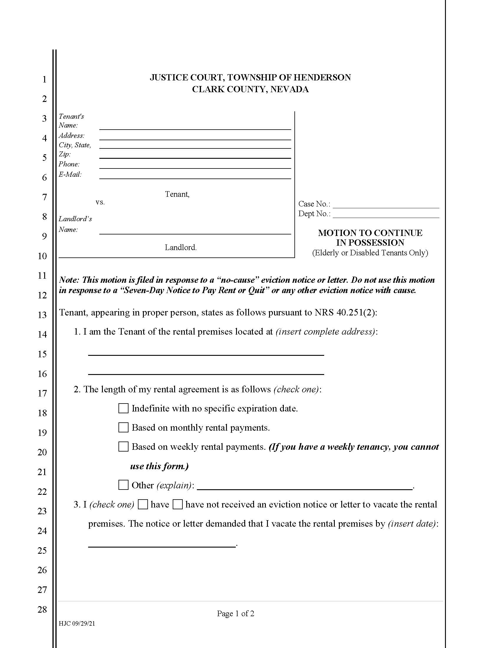 Motion To Continue In Possession (Elderly Or Disabled) | Pdf Fpdf Doc Docx | Nevada
