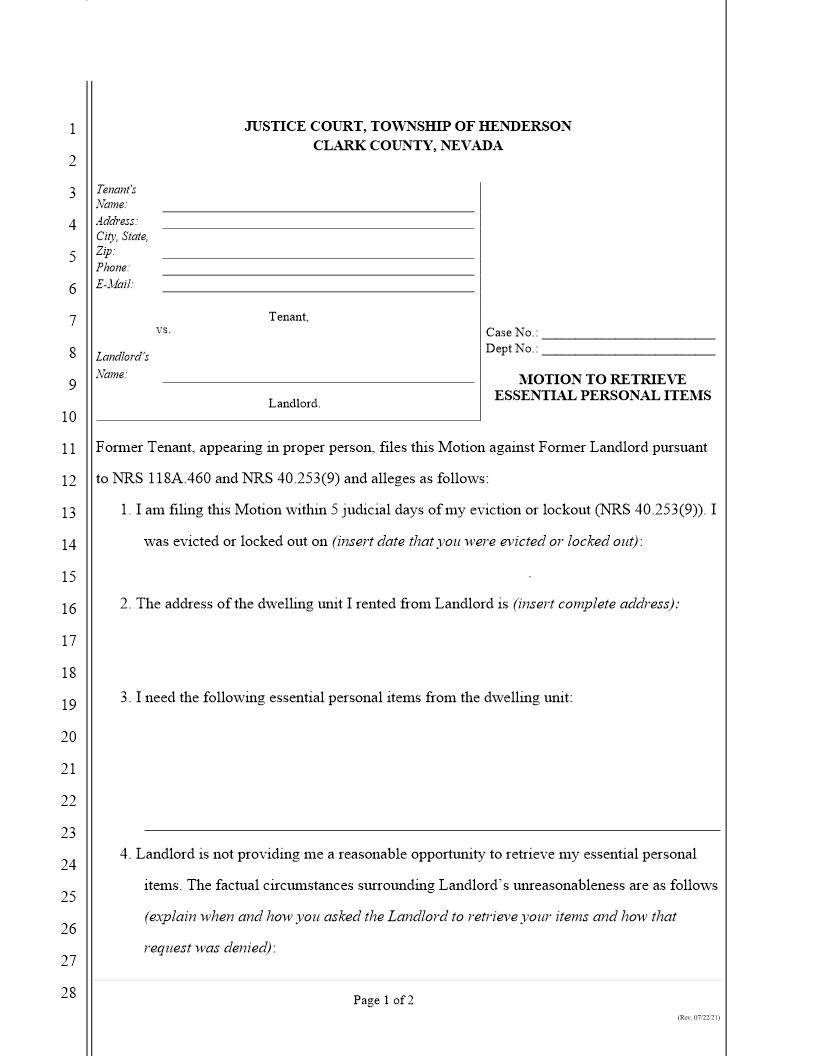 Motion To Retrieve Essential Personal Items | Pdf Fpdf Docx | Nevada