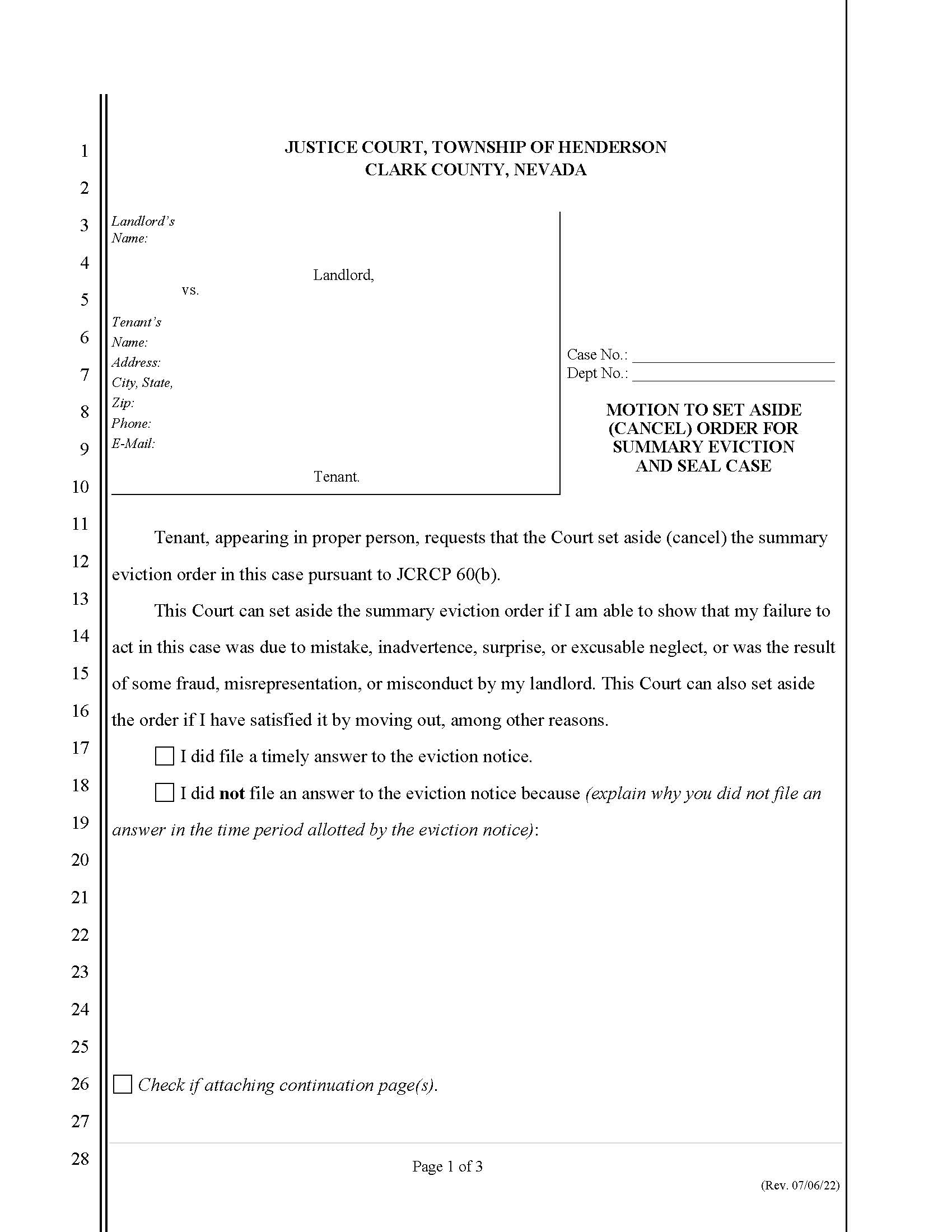 Motion To Set Aside (Cancel) Order For Summary Eviction And Seal Case | Pdf Fpdf Docx | Nevada