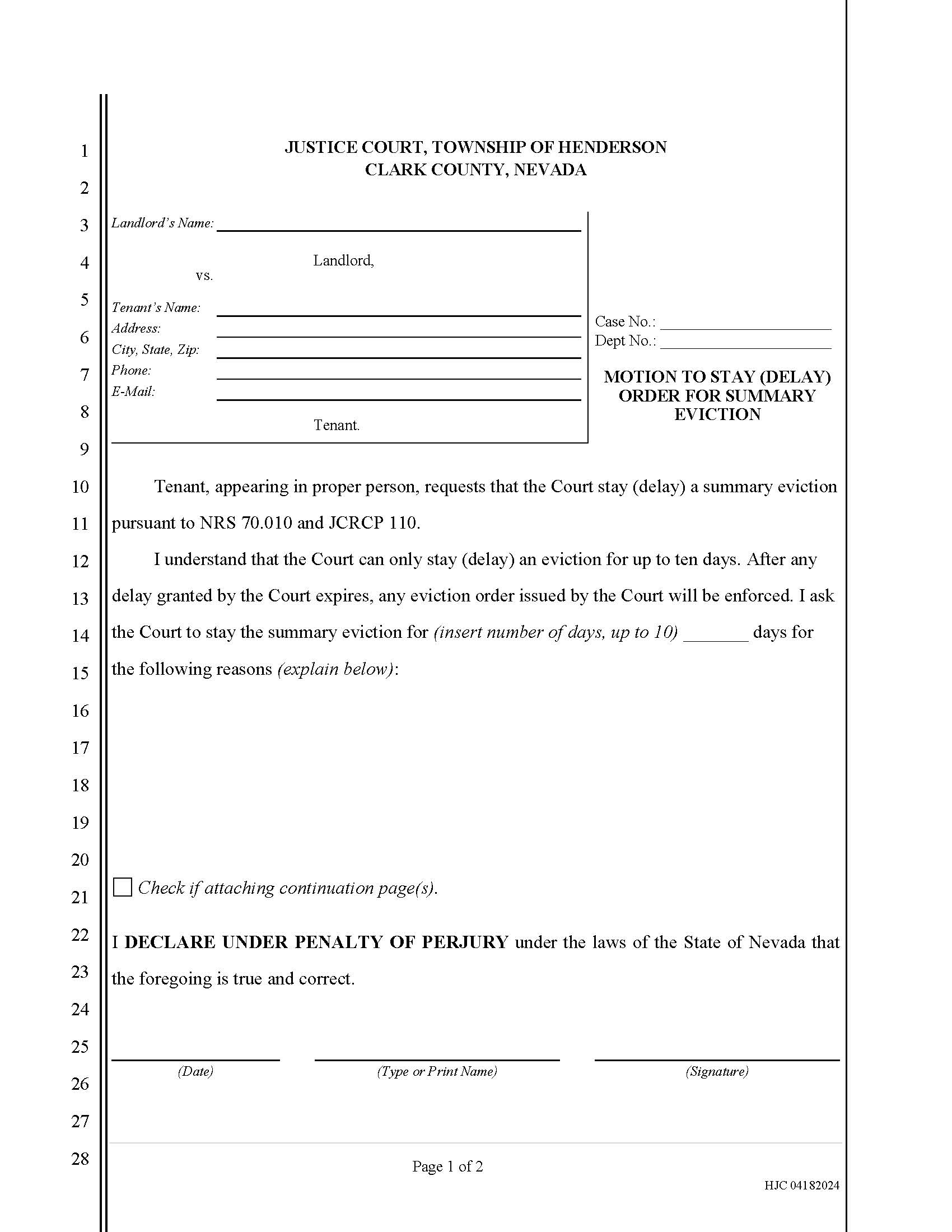 Motion To Stay (Delay) Order For Summary Eviction | Pdf Fpdf Docx | Nevada
