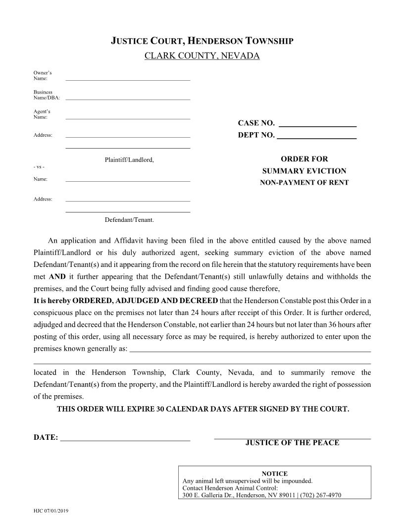 Order For Summary Eviction Non Payment Of Rent | Pdf Fpdf Docx | Nevada