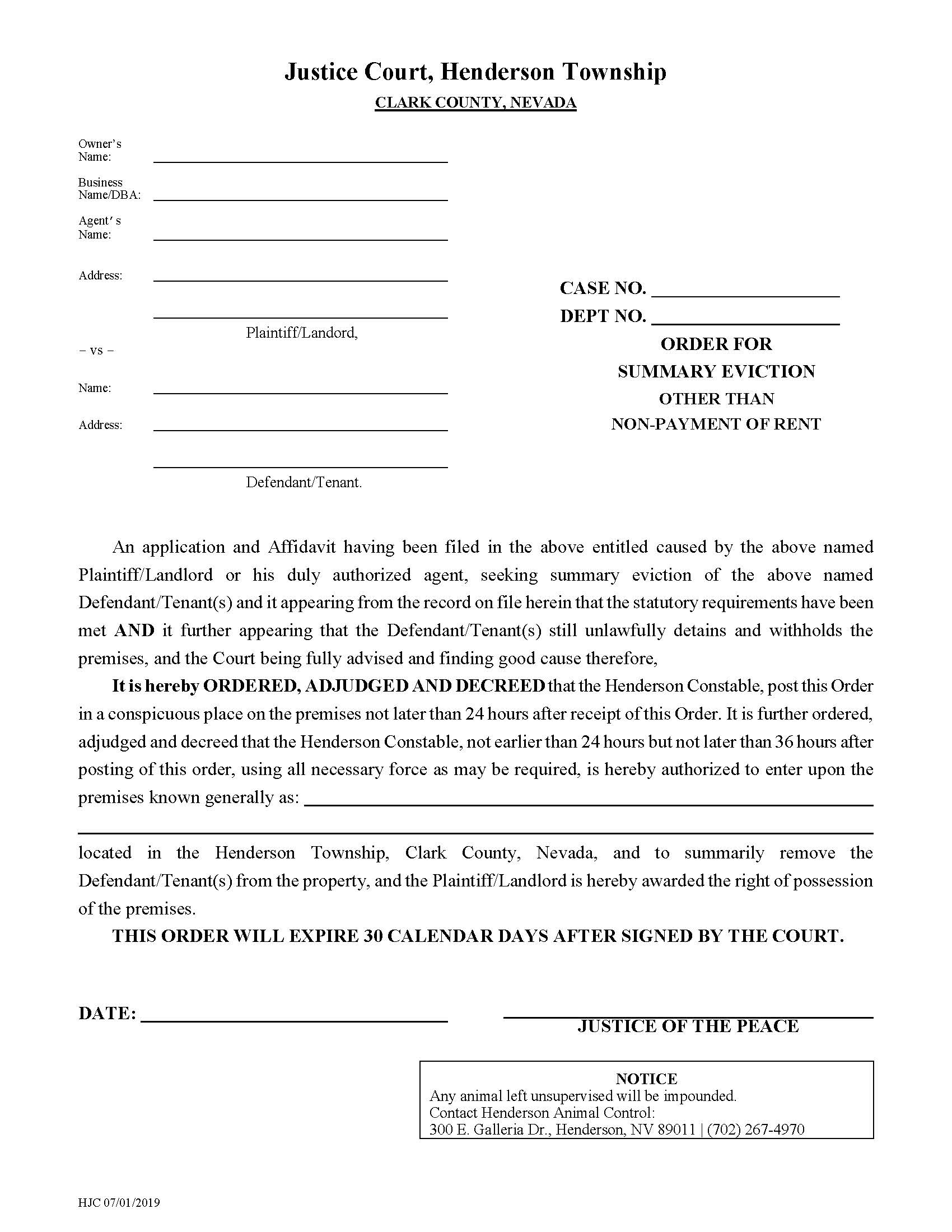 Order For Summary Eviction Other Than Non Payment Of Rent | Pdf Fpdf Docx | Nevada