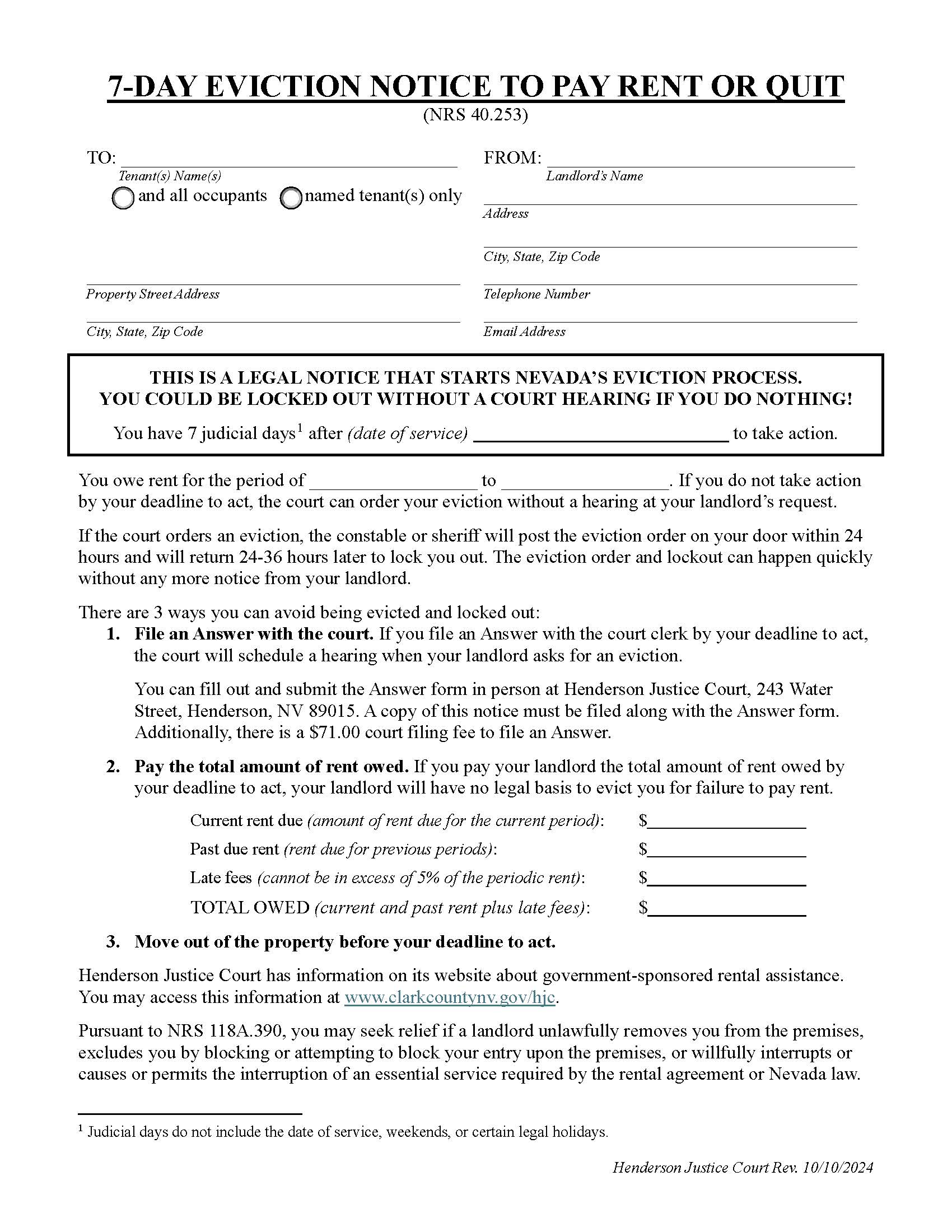 Seven Day Notice To Pay Rent Or Quit | Pdf Fpdf Docx | Nevada