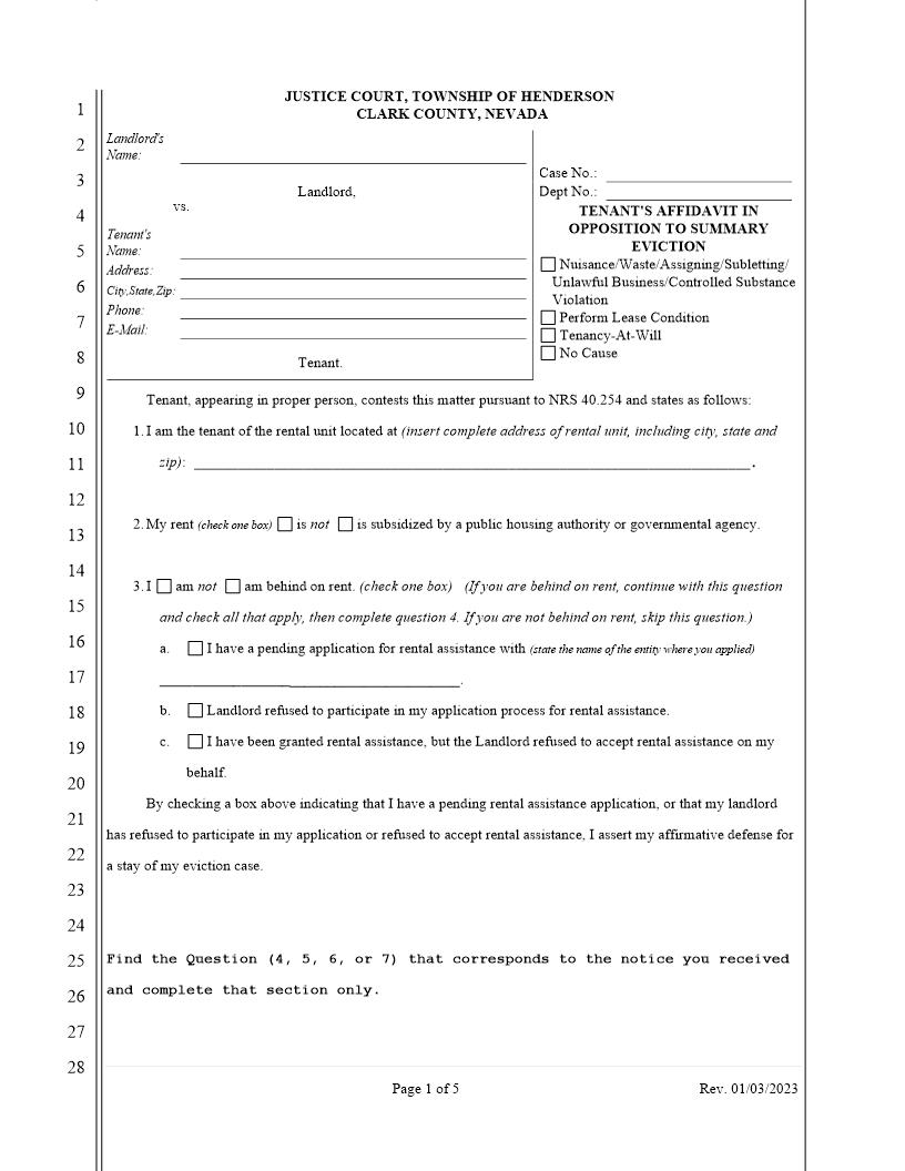 Tenants Affidavit In Opposition To Summary Eviction (Other Than Nonpayment Of Rent) | Pdf Fpdf Docx | Nevada