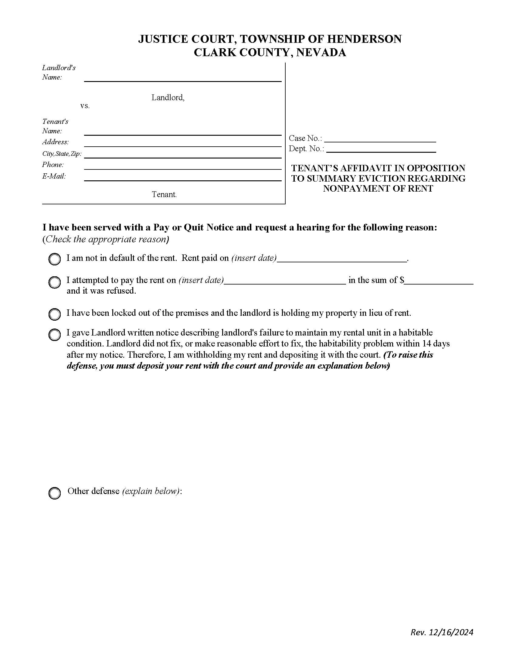 Tenants Affidavit In Opposition To Summary Eviction Nonpayment Of Rent | Pdf Fpdf Docx | Nevada