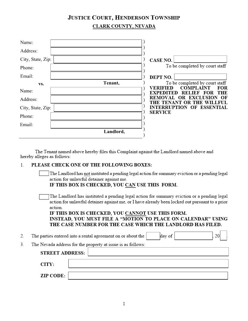 Verified Complaint For Expedited Relief For Removal Or Exclusion Of Tenant | Pdf Fpdf Doc Docx | Nevada
