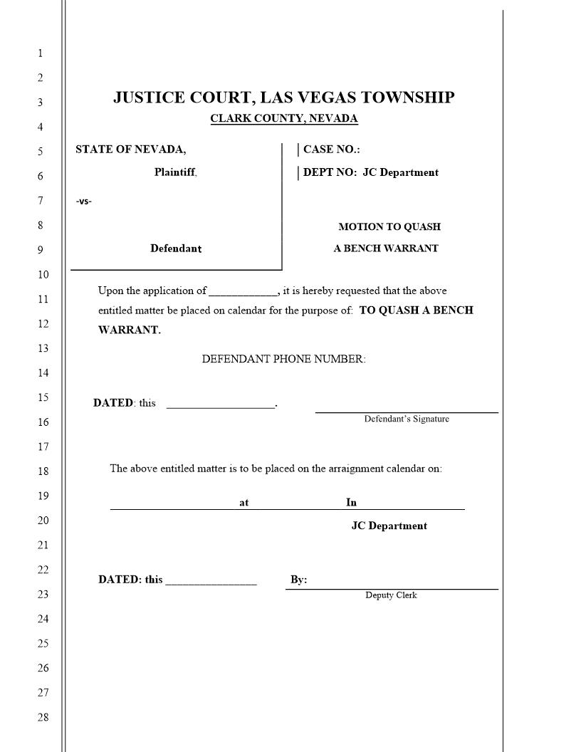 Motion To Quash A Bench Warrant | Pdf Fpdf Docx | Nevada