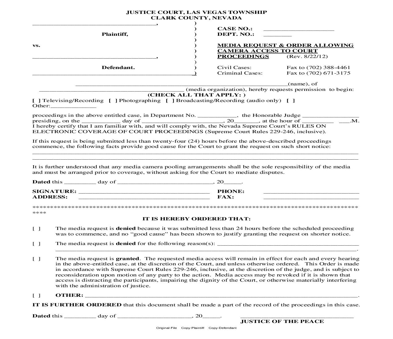 Media Request And Order Allowing Camera Access To Court Proceedings{JC-58} |  | Nevada