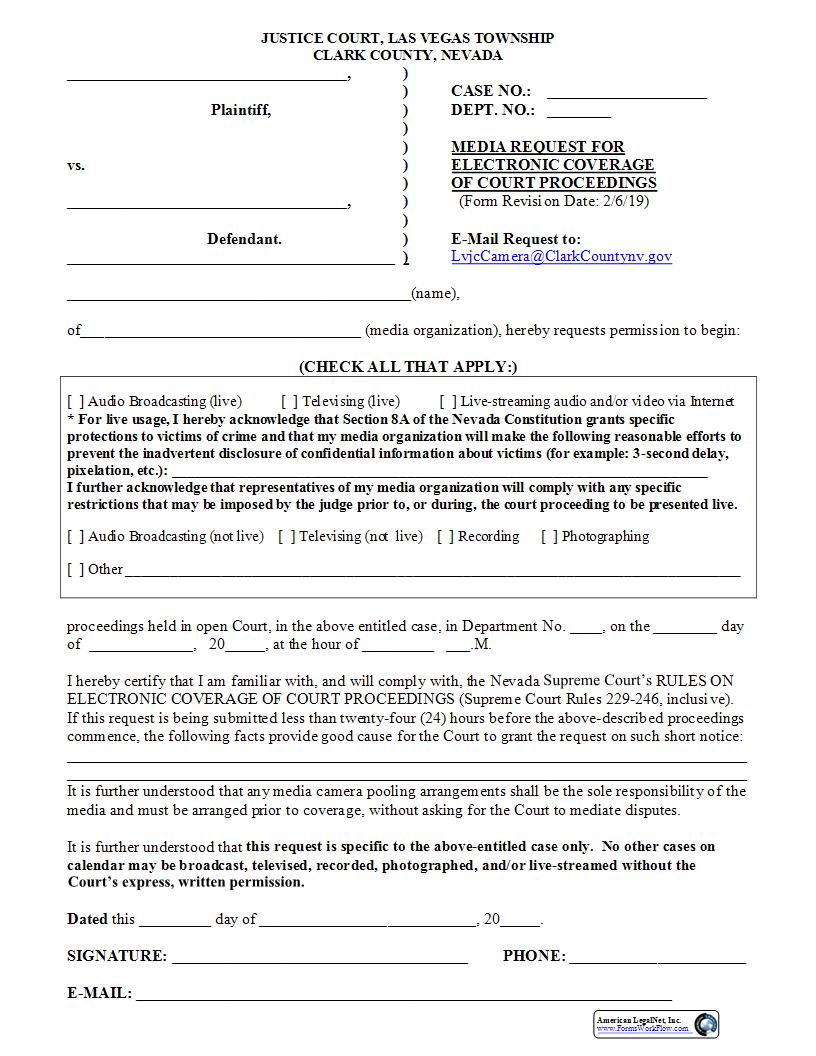 Media Request For Electronic Coverage Of Court Proceedings | Pdf Fpdf Docx | Nevada