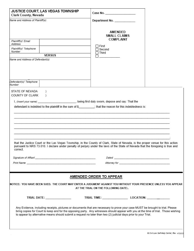 Amended Small Claims Complaint | Pdf Fpdf Docx | Nevada