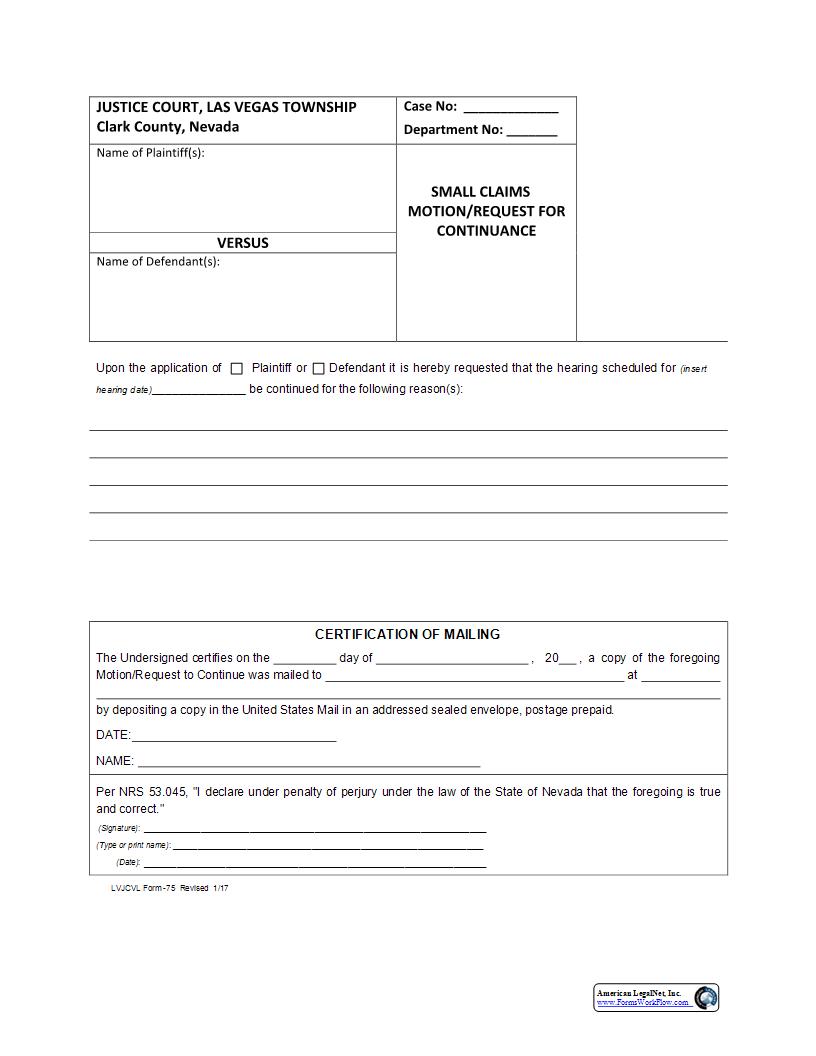 Motion For Small Claim Continuance | Pdf Fpdf Docx | Nevada