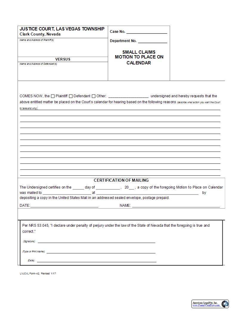 Motion To Place On Calendar {42} | Pdf Fpdf Docx | Nevada